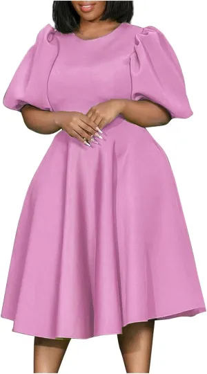Uillui Plus Size Dress for Women Bubble Sleeve Tapered Waist a Line Dress Flowy Swing Dress Formal Cocktail Prom Party Dress