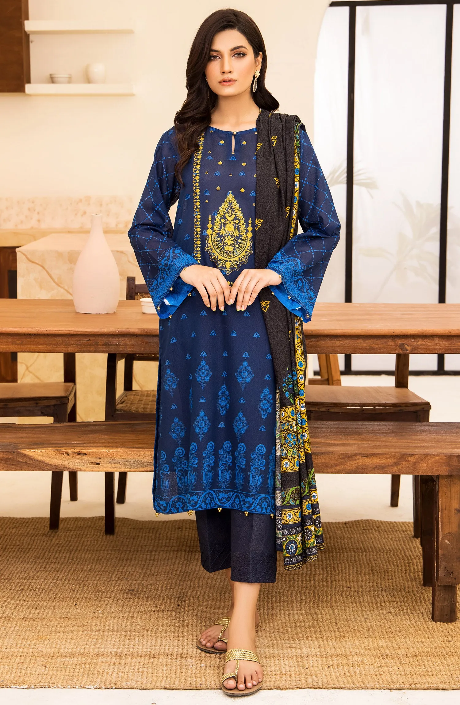 Unstitched 3 Piece Embroidered Karandi Shirt , Pant and Karandi Dupatta (OTL-21-331/U BLUE)