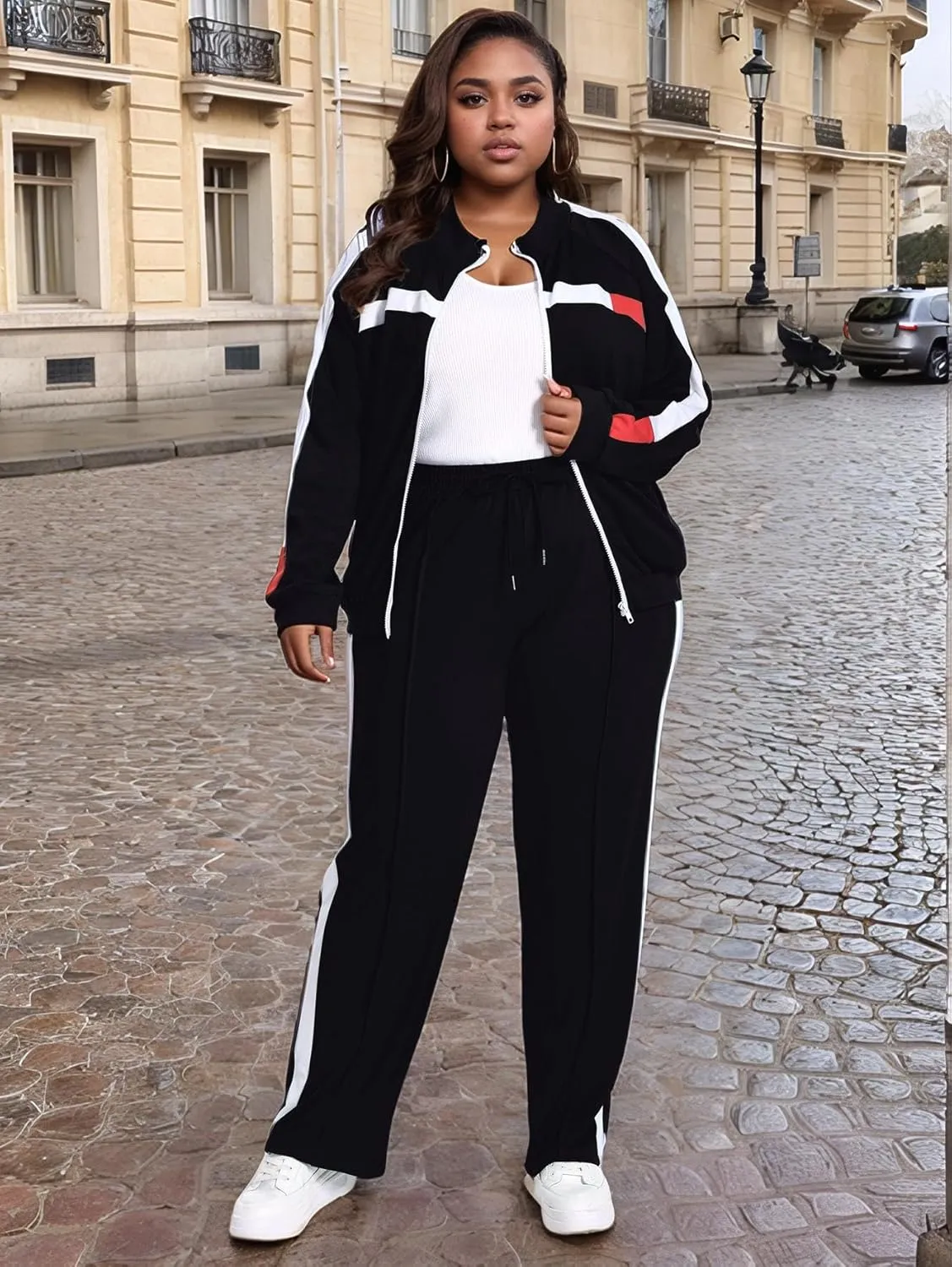 UOUA Women's Plus Size Jogging Suit 2 Piece Sweatsuit Long Sleeve Jacket & Pants Two Piece Track Set Outfit