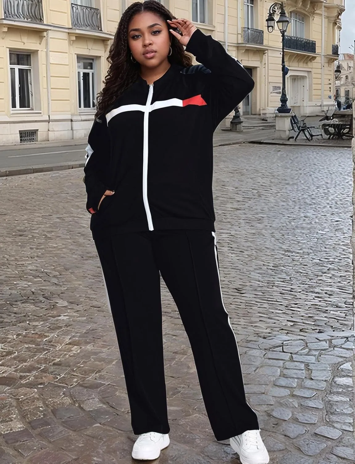 UOUA Women's Plus Size Jogging Suit 2 Piece Sweatsuit Long Sleeve Jacket & Pants Two Piece Track Set Outfit