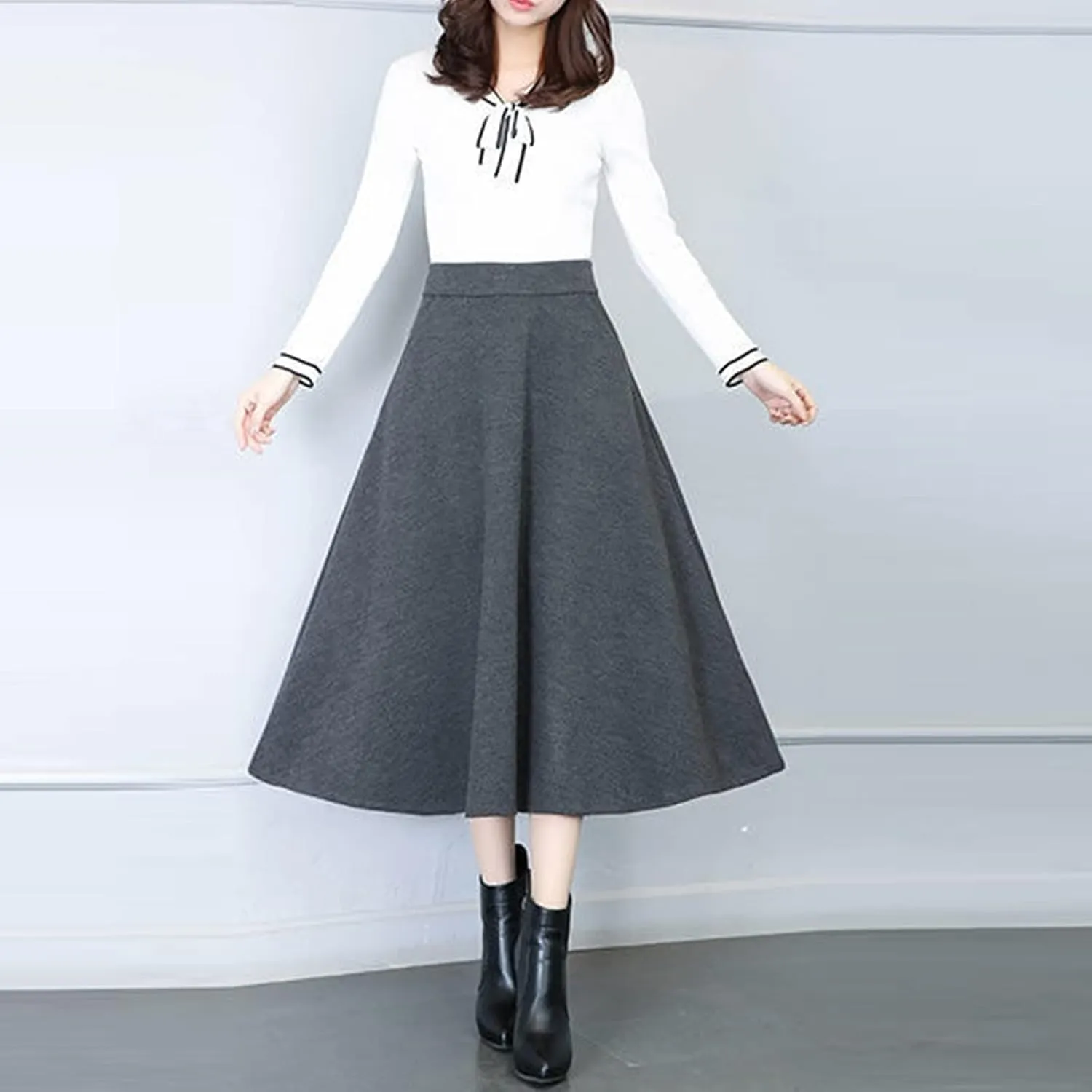 up Skirt No Panties Womens Winter Vintage High Elastic Waist A Line Pleated Wool Midi Skirt Lady Skirt Summer