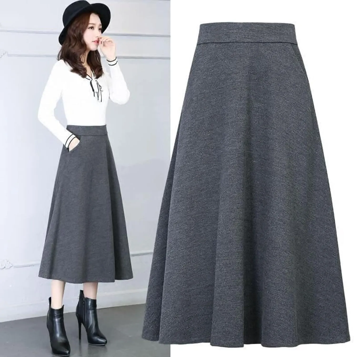 up Skirt No Panties Womens Winter Vintage High Elastic Waist A Line Pleated Wool Midi Skirt Lady Skirt Summer