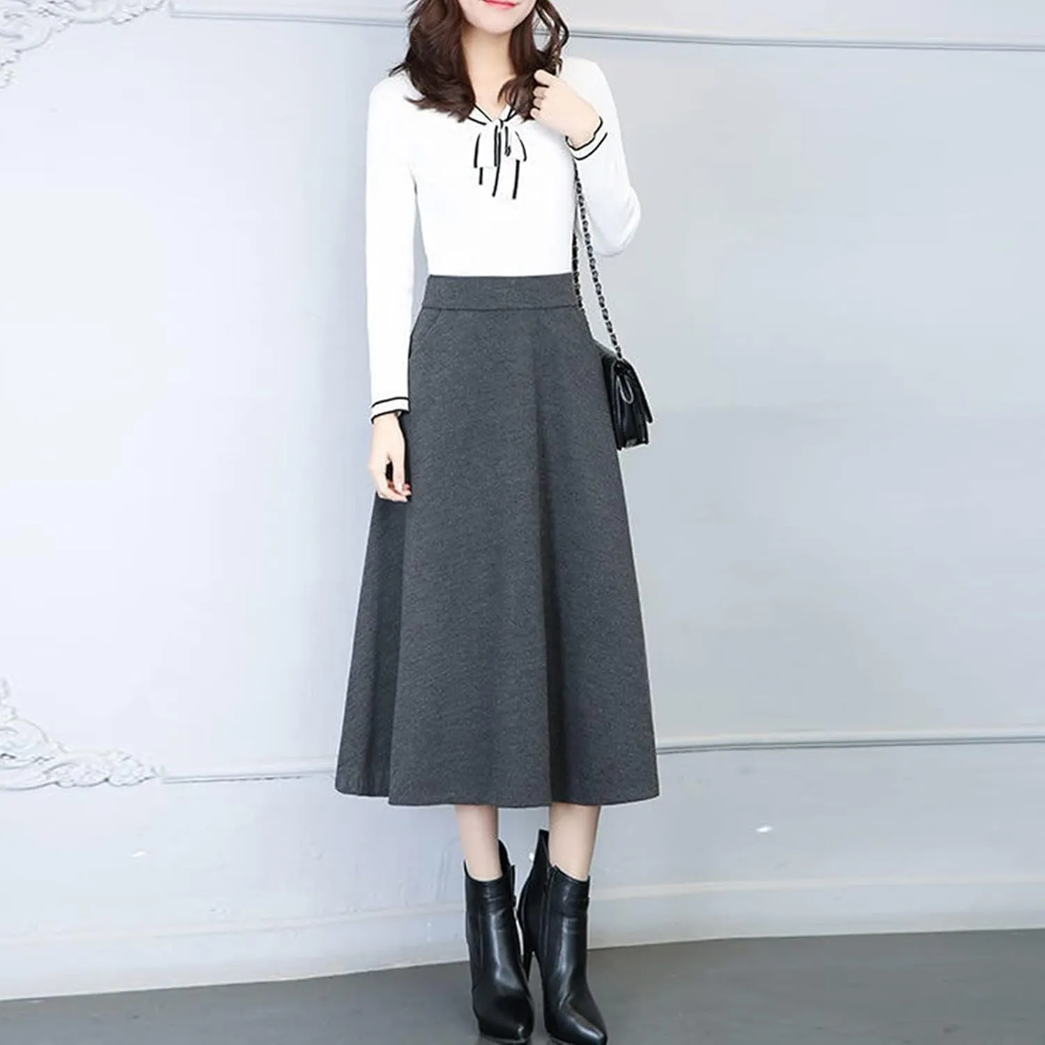 up Skirt No Panties Womens Winter Vintage High Elastic Waist A Line Pleated Wool Midi Skirt Lady Skirt Summer