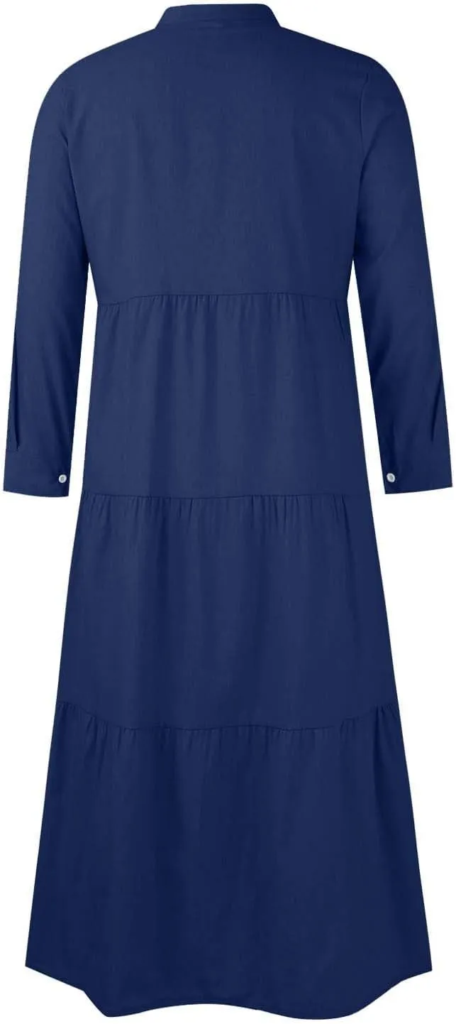 UQRZAU Ladies Denim Button Elegant Dress Long Sleeve Shirt Collar Cardigan Dresses Fashion Solid Color Side Dress, S-5XL