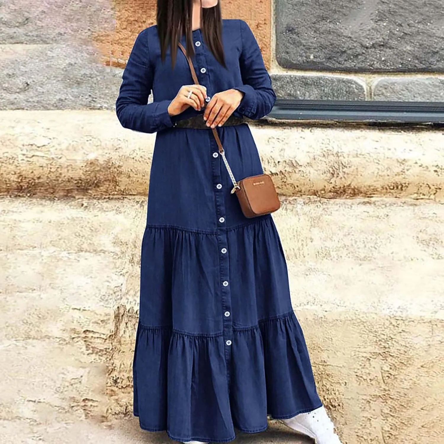 UQRZAU Ladies Denim Button Elegant Dress Long Sleeve Shirt Collar Cardigan Dresses Fashion Solid Color Side Dress, S-5XL