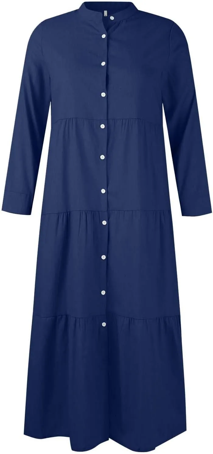 UQRZAU Ladies Denim Button Elegant Dress Long Sleeve Shirt Collar Cardigan Dresses Fashion Solid Color Side Dress, S-5XL