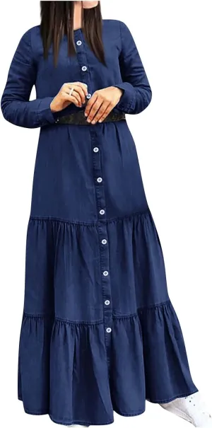 UQRZAU Ladies Denim Button Elegant Dress Long Sleeve Shirt Collar Cardigan Dresses Fashion Solid Color Side Dress, S-5XL