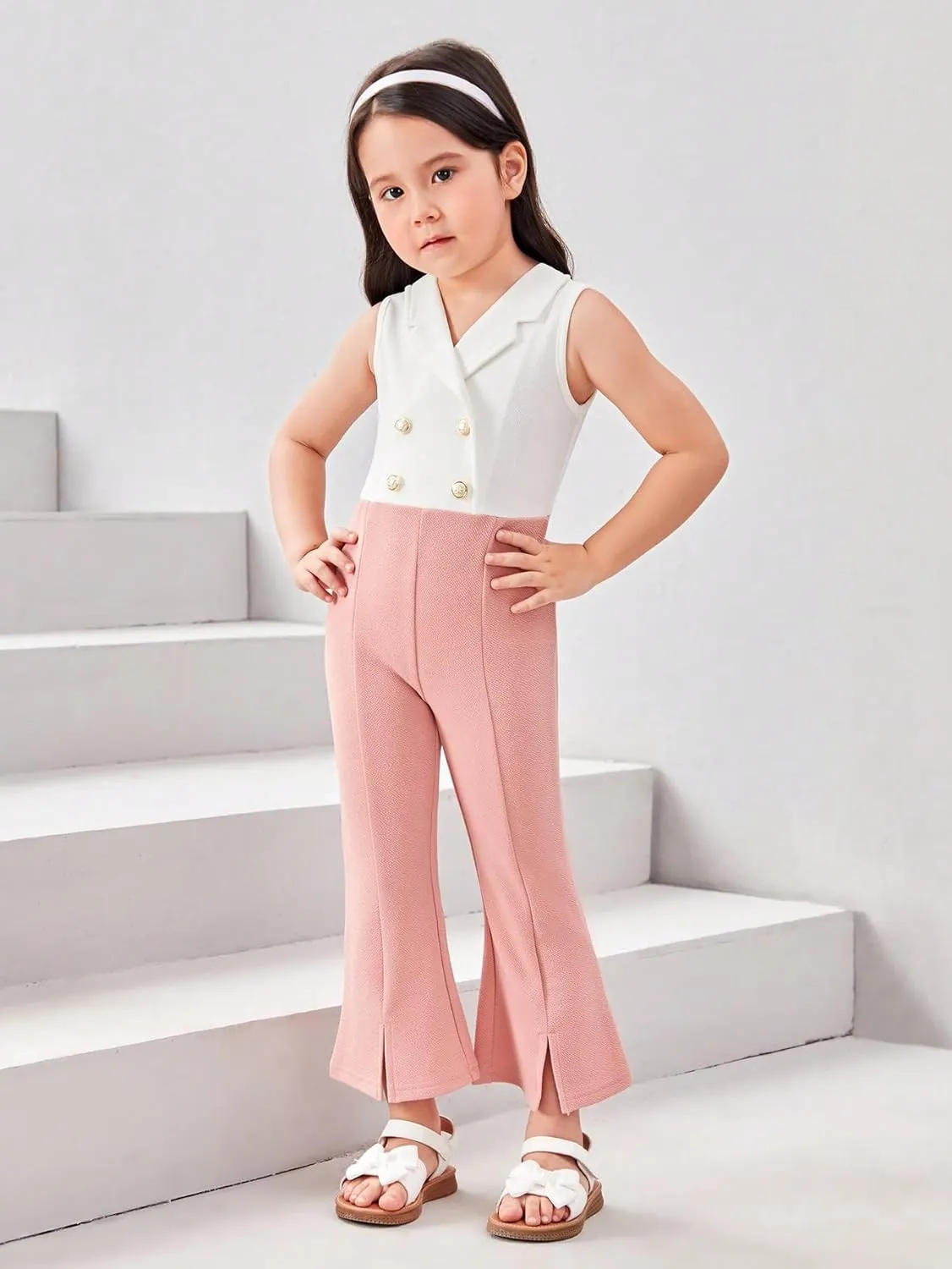 WDIRARA Girl's Color Block Lapel Neck Sleeveless Flare Leg Split Hem Elegant Jumpsuit