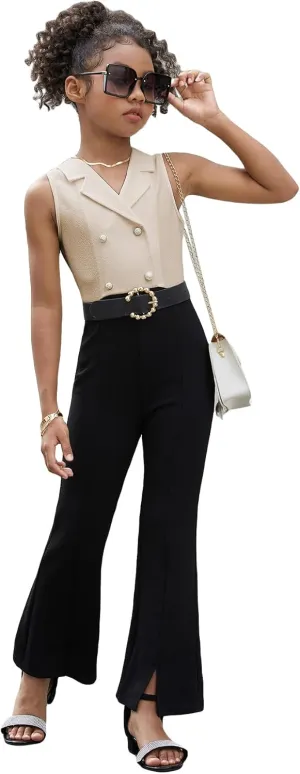 WDIRARA Girl's Color Block Lapel Neck Sleeveless Flare Leg Split Hem Elegant Jumpsuit