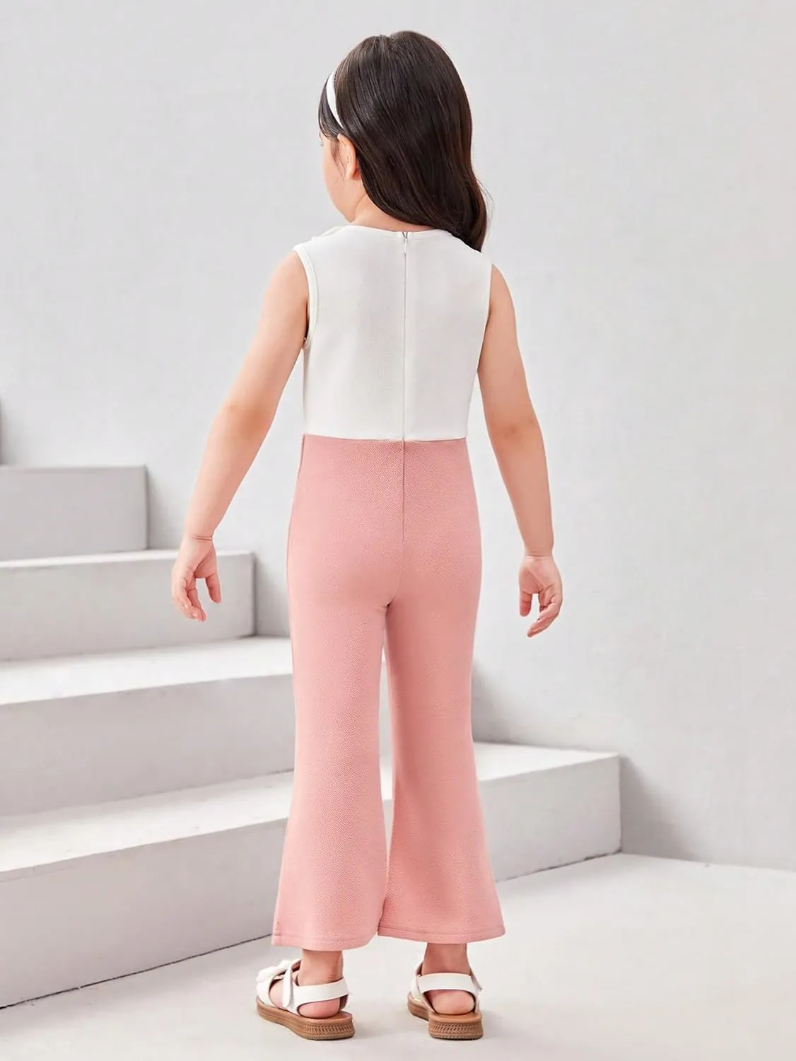 WDIRARA Girl's Color Block Lapel Neck Sleeveless Flare Leg Split Hem Elegant Jumpsuit
