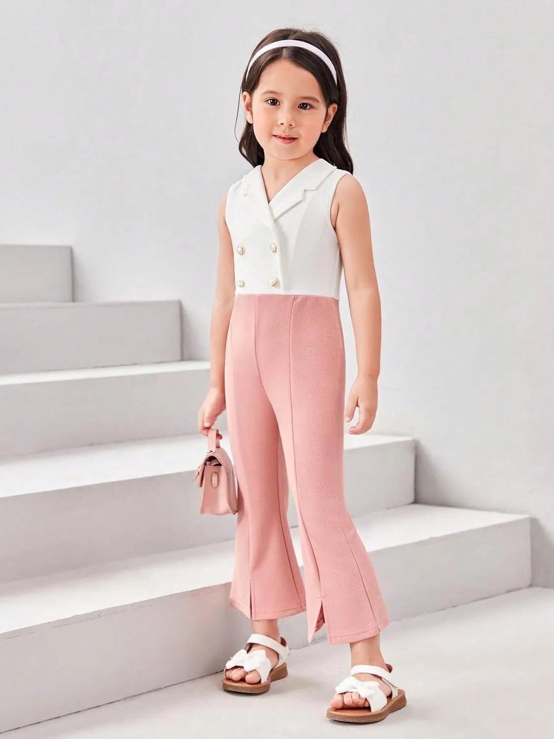WDIRARA Girl's Color Block Lapel Neck Sleeveless Flare Leg Split Hem Elegant Jumpsuit