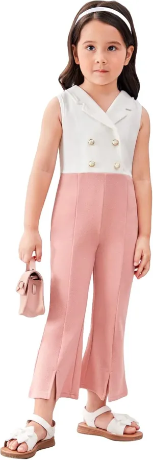 WDIRARA Girl's Color Block Lapel Neck Sleeveless Flare Leg Split Hem Elegant Jumpsuit