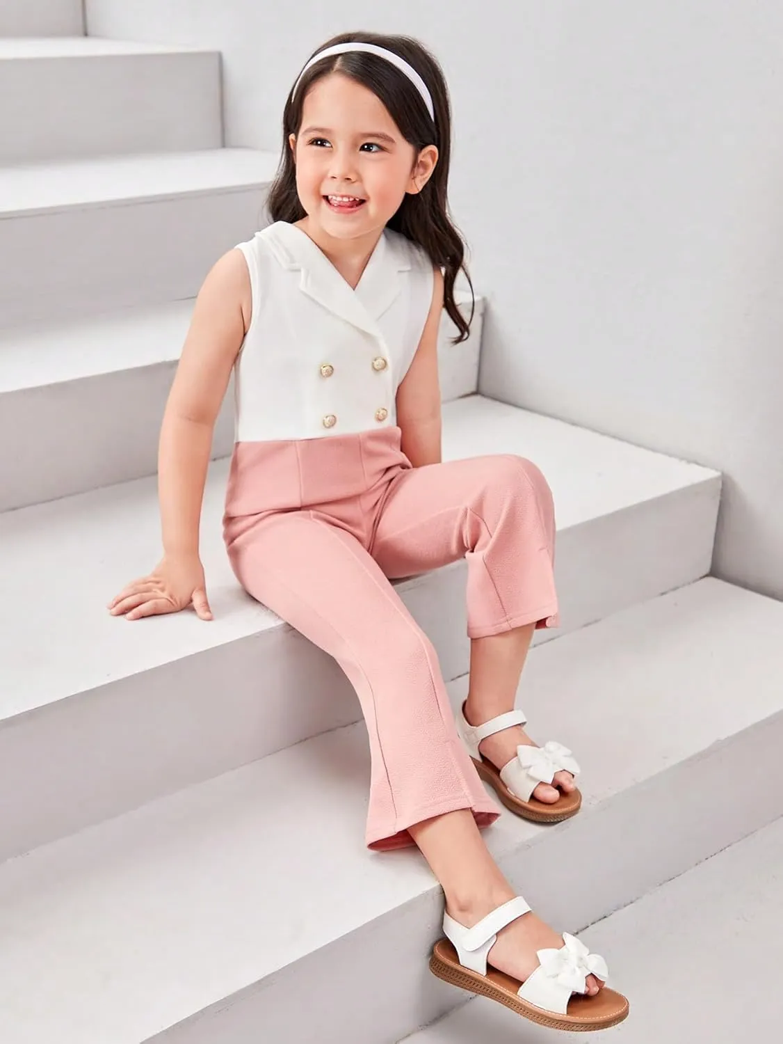 WDIRARA Girl's Color Block Lapel Neck Sleeveless Flare Leg Split Hem Elegant Jumpsuit