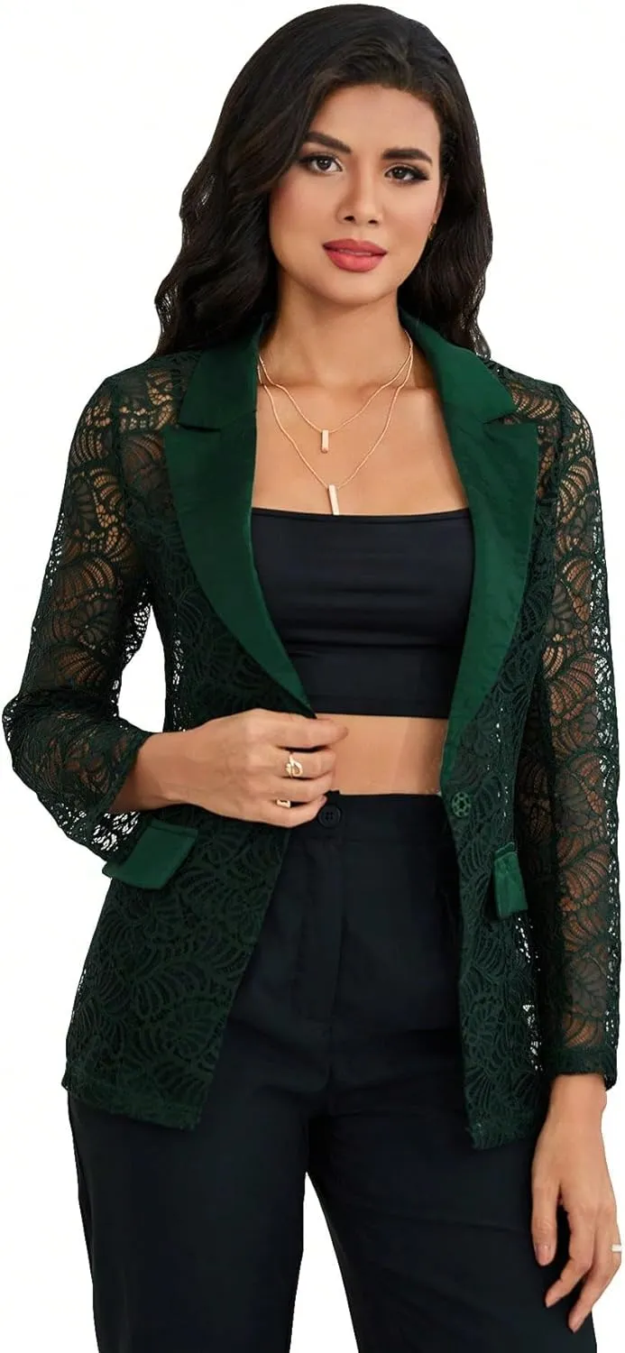 WDIRARA Women's Floral Lace Mesh One Button Lapel Neck Long Sleeve Elegant Jacket Blazer