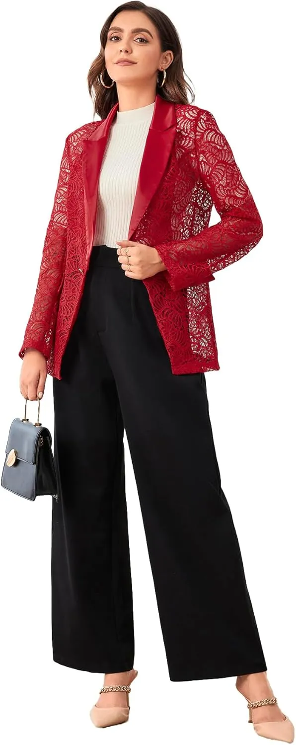 WDIRARA Women's Floral Lace Mesh One Button Lapel Neck Long Sleeve Elegant Jacket Blazer