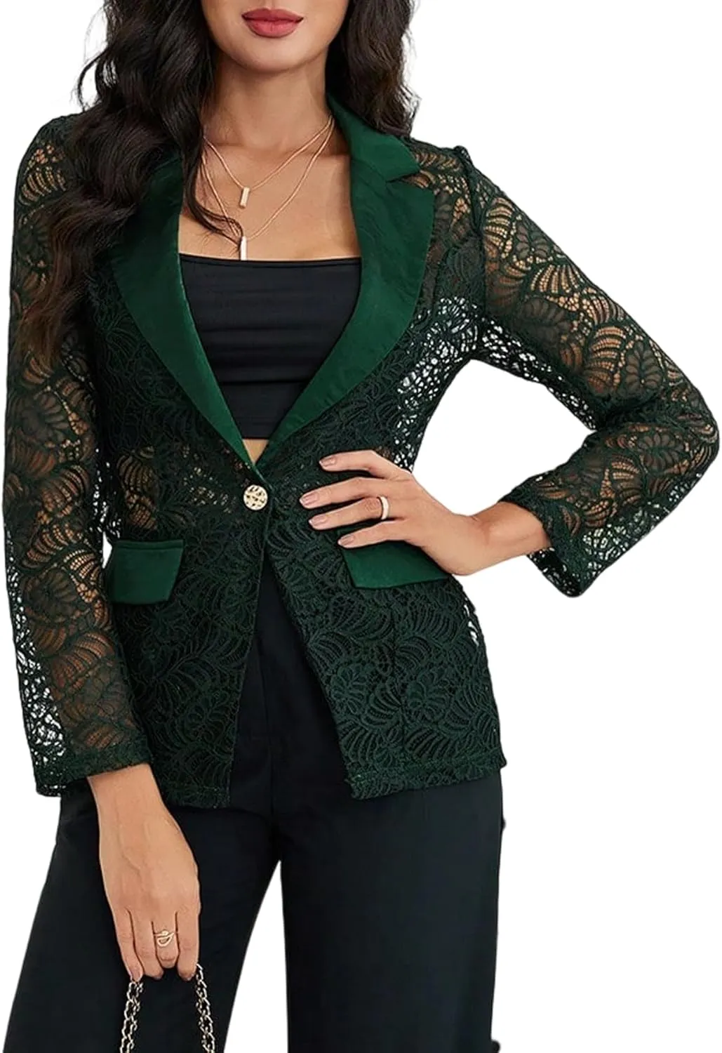 WDIRARA Women's Floral Lace Mesh One Button Lapel Neck Long Sleeve Elegant Jacket Blazer
