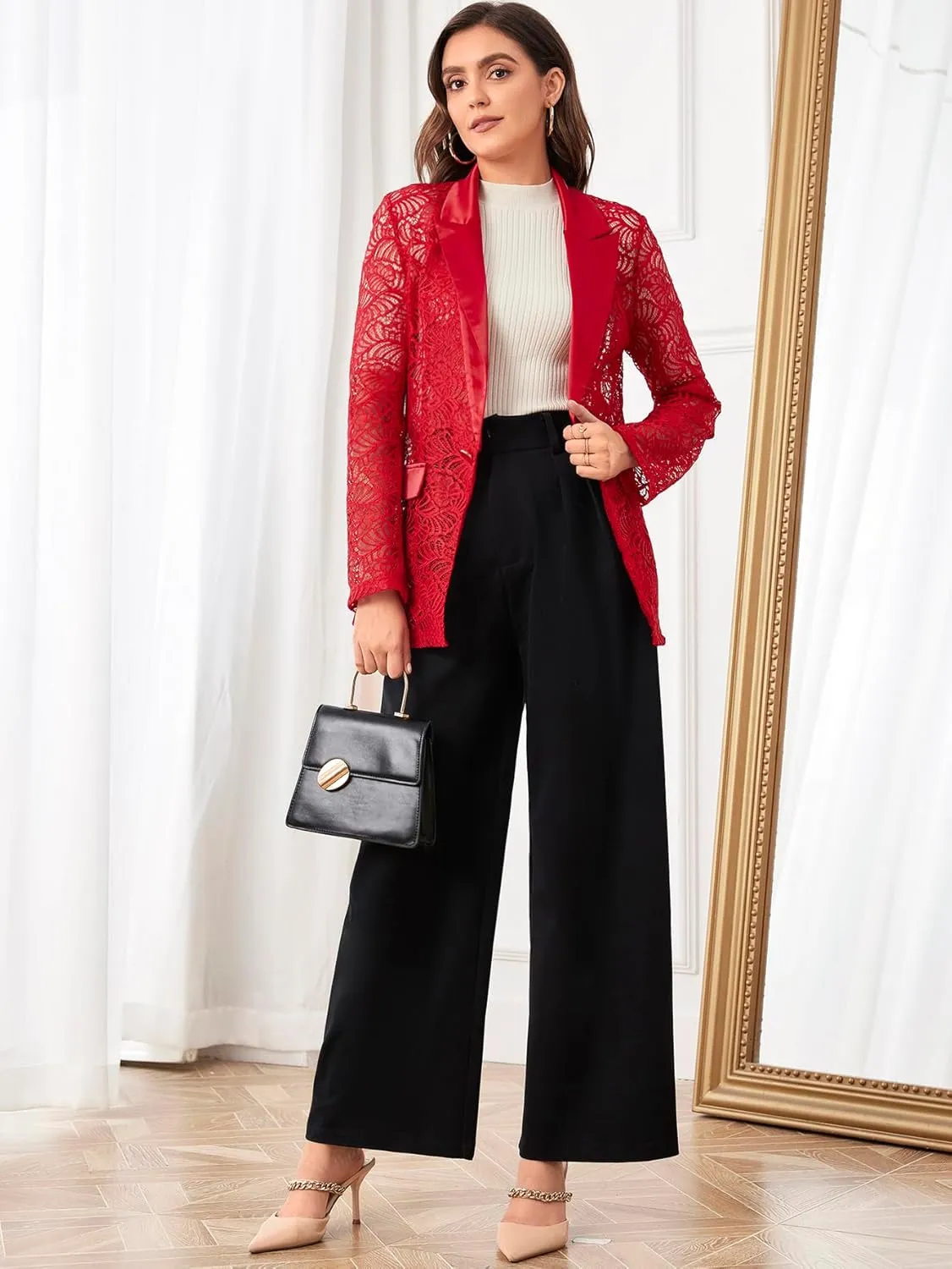 WDIRARA Women's Floral Lace Mesh One Button Lapel Neck Long Sleeve Elegant Jacket Blazer