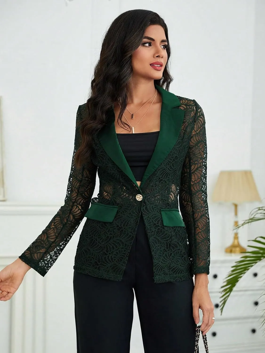 WDIRARA Women's Floral Lace Mesh One Button Lapel Neck Long Sleeve Elegant Jacket Blazer