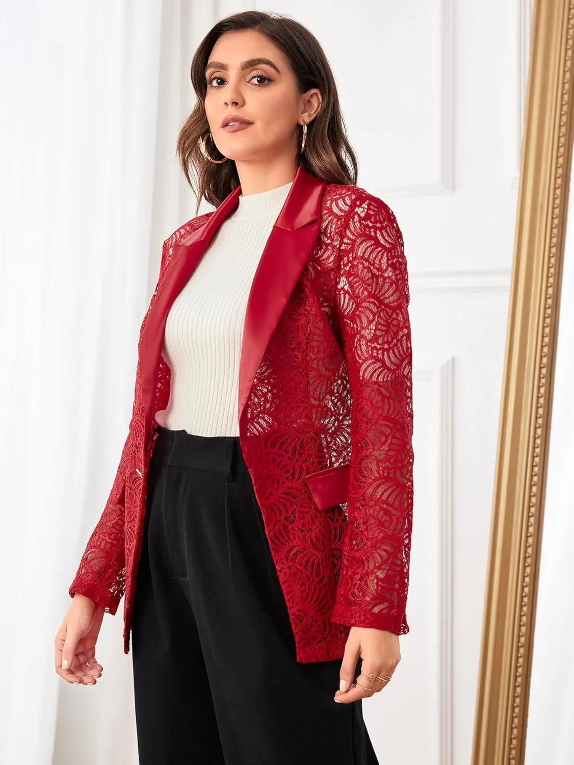 WDIRARA Women's Floral Lace Mesh One Button Lapel Neck Long Sleeve Elegant Jacket Blazer