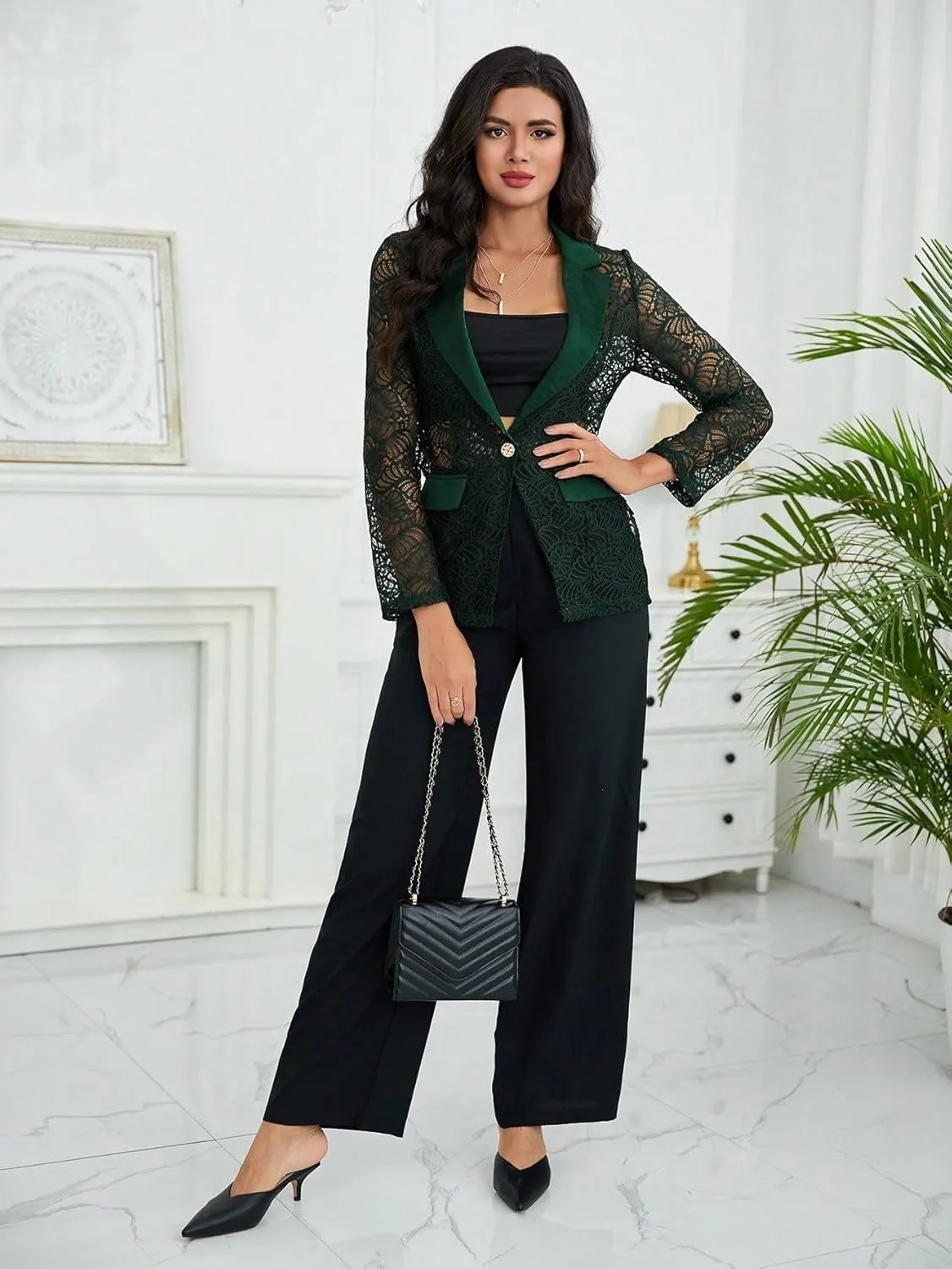 WDIRARA Women's Floral Lace Mesh One Button Lapel Neck Long Sleeve Elegant Jacket Blazer