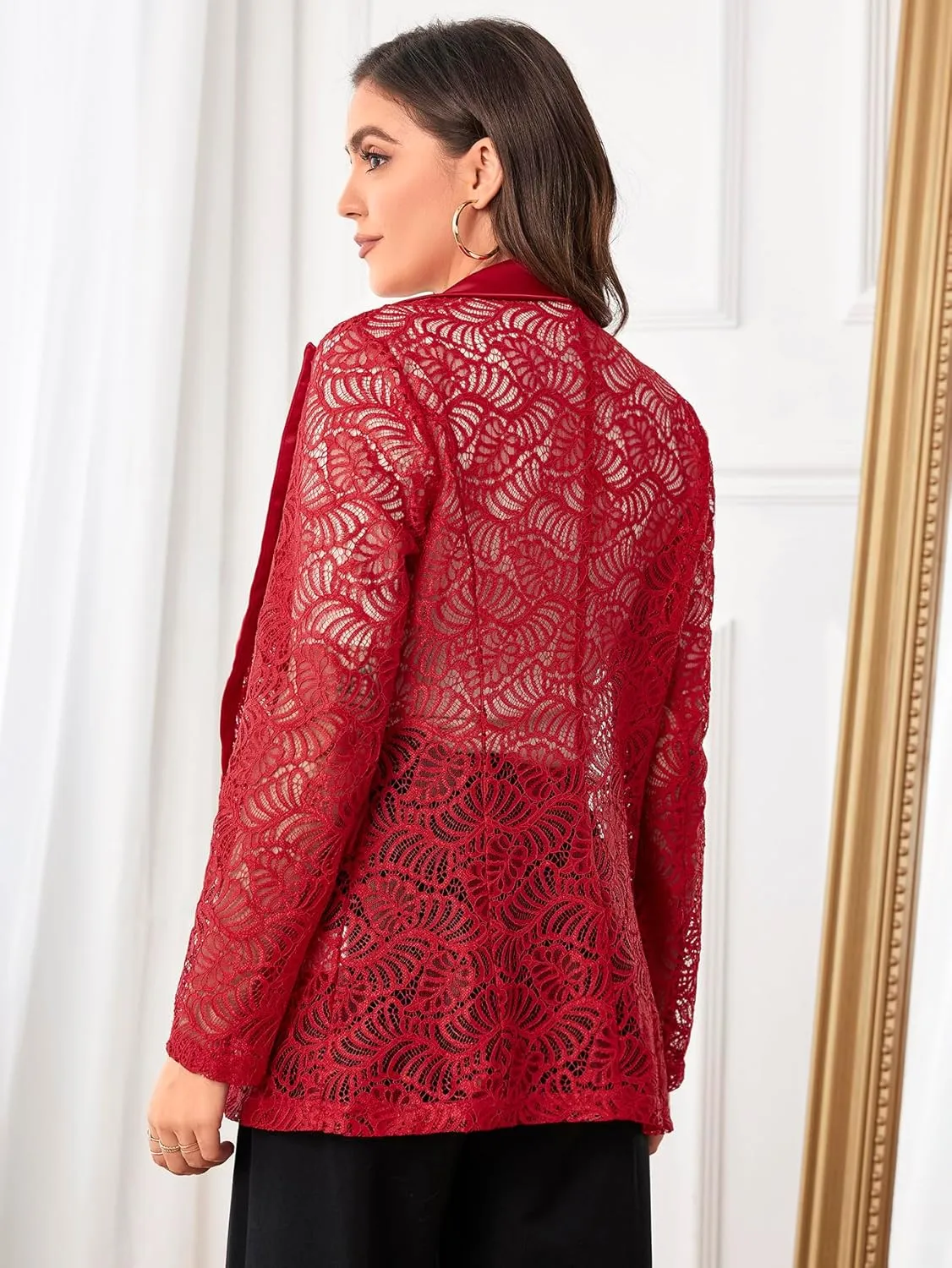 WDIRARA Women's Floral Lace Mesh One Button Lapel Neck Long Sleeve Elegant Jacket Blazer