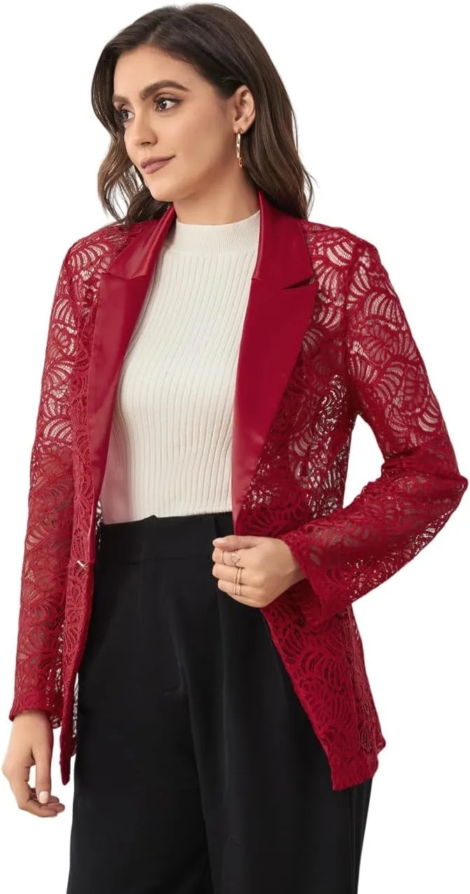 WDIRARA Women's Floral Lace Mesh One Button Lapel Neck Long Sleeve Elegant Jacket Blazer