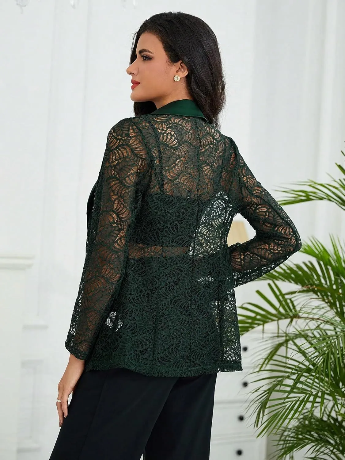 WDIRARA Women's Floral Lace Mesh One Button Lapel Neck Long Sleeve Elegant Jacket Blazer