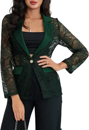 WDIRARA Women's Floral Lace Mesh One Button Lapel Neck Long Sleeve Elegant Jacket Blazer