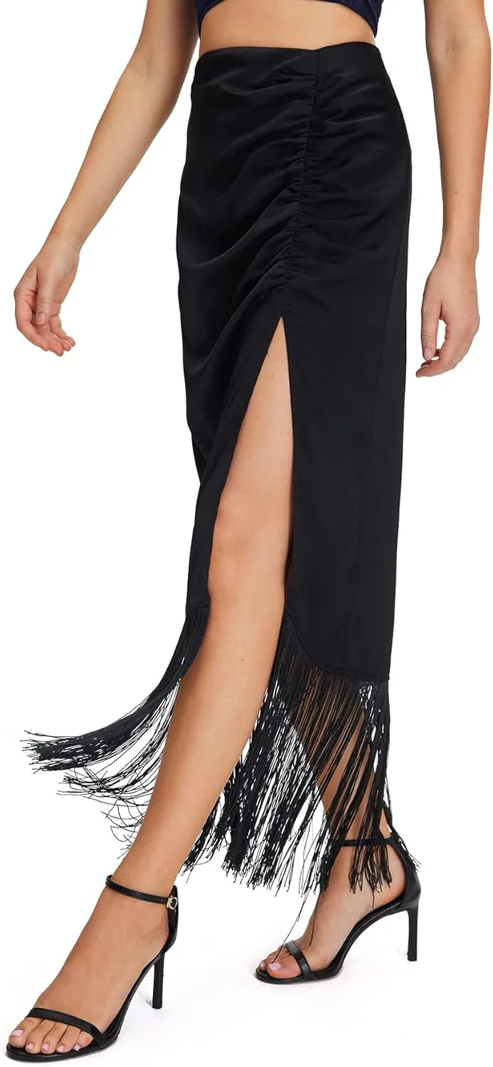 WDIRARA Women's Fringe Hem High Waisted Ruched Split Thigh Solid Elegant Maxi Skirt