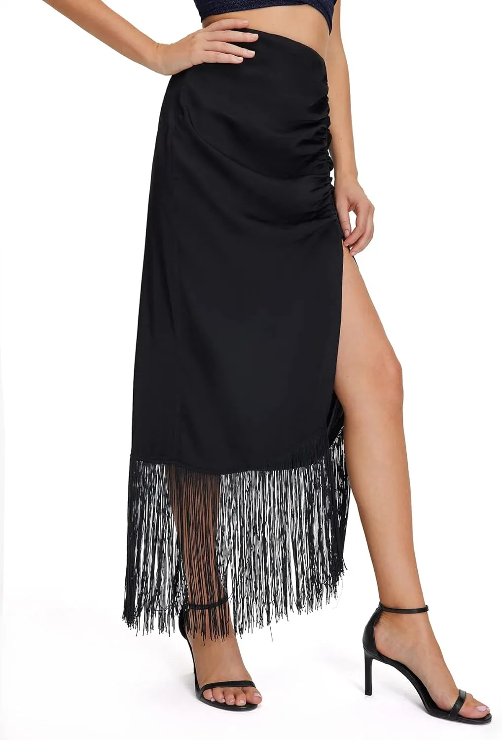 WDIRARA Women's Fringe Hem High Waisted Ruched Split Thigh Solid Elegant Maxi Skirt