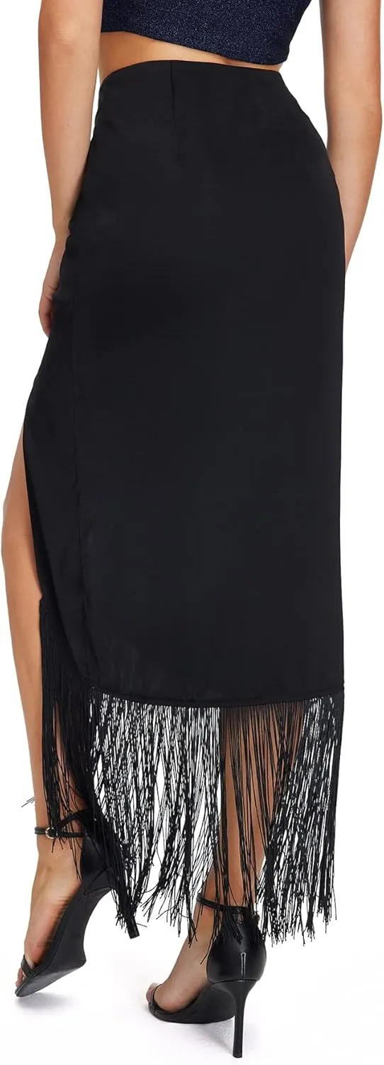 WDIRARA Women's Fringe Hem High Waisted Ruched Split Thigh Solid Elegant Maxi Skirt