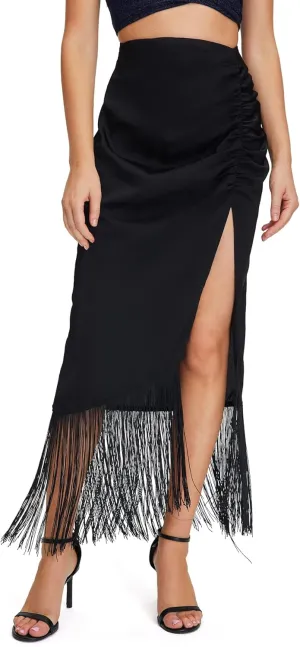 WDIRARA Women's Fringe Hem High Waisted Ruched Split Thigh Solid Elegant Maxi Skirt
