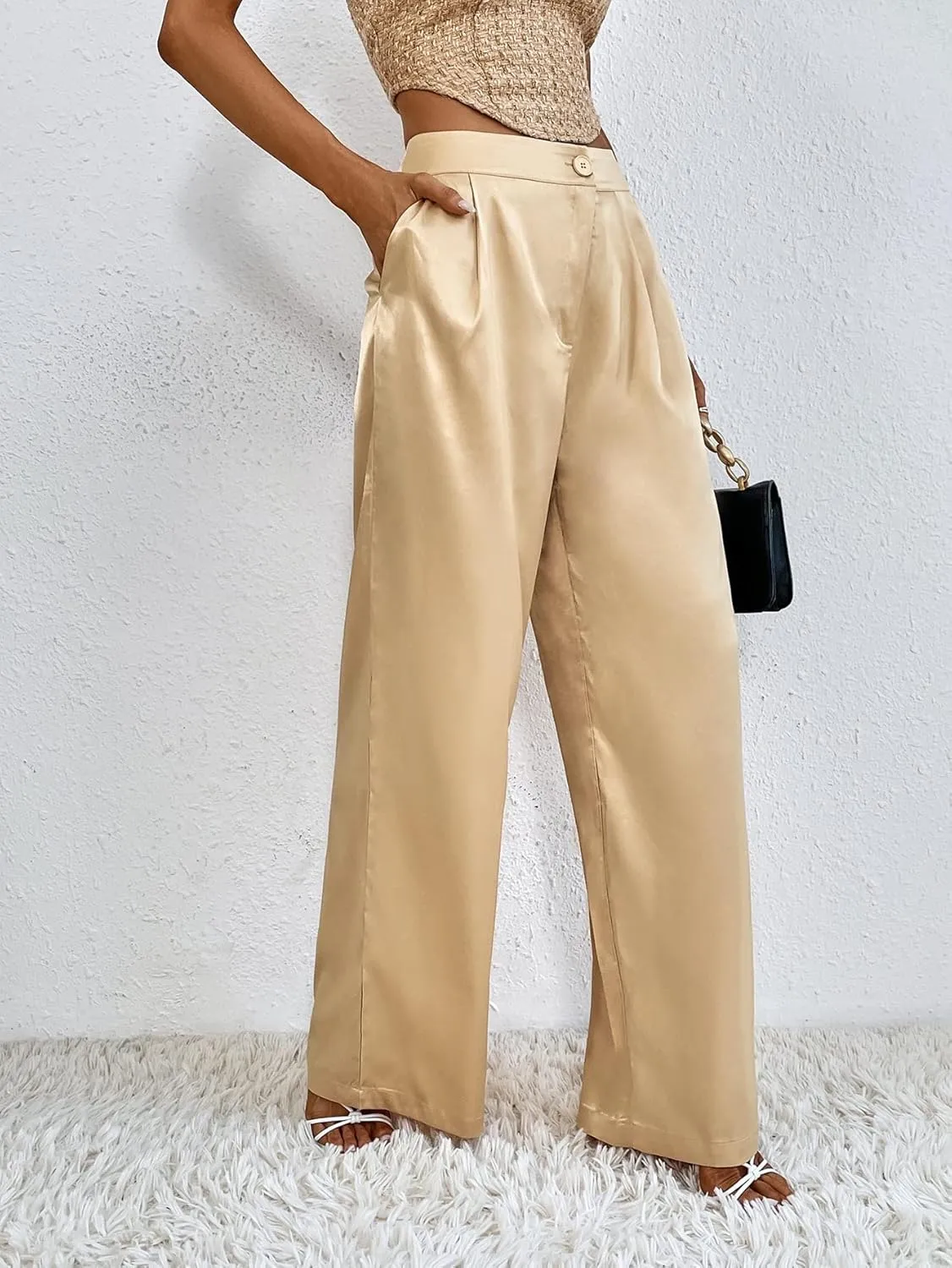 WDIRARA Women's Satin Pants Wide Leg High Waisted Loose Elegant Office Simple Pants