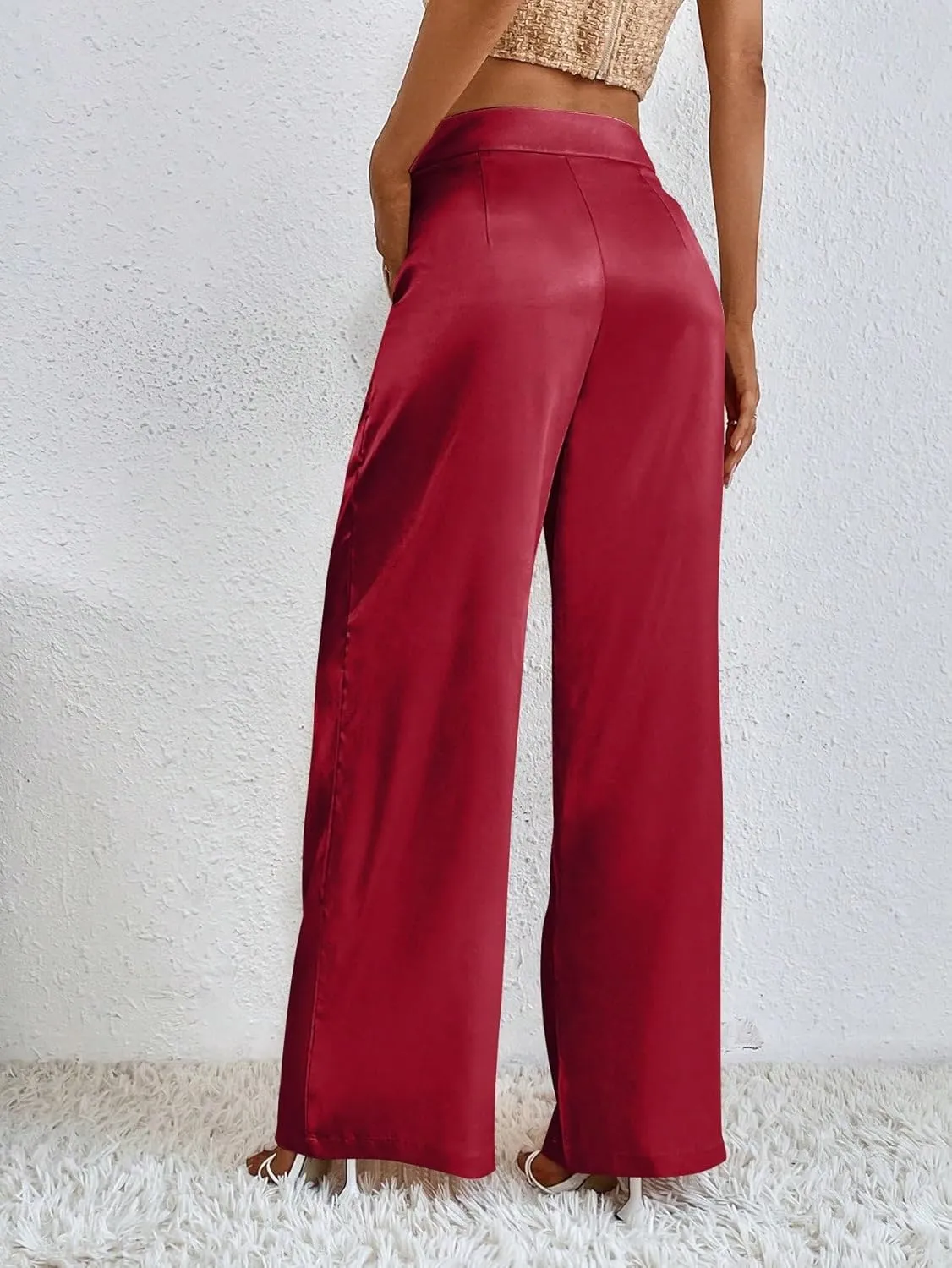 WDIRARA Women's Satin Pants Wide Leg High Waisted Loose Elegant Office Simple Pants