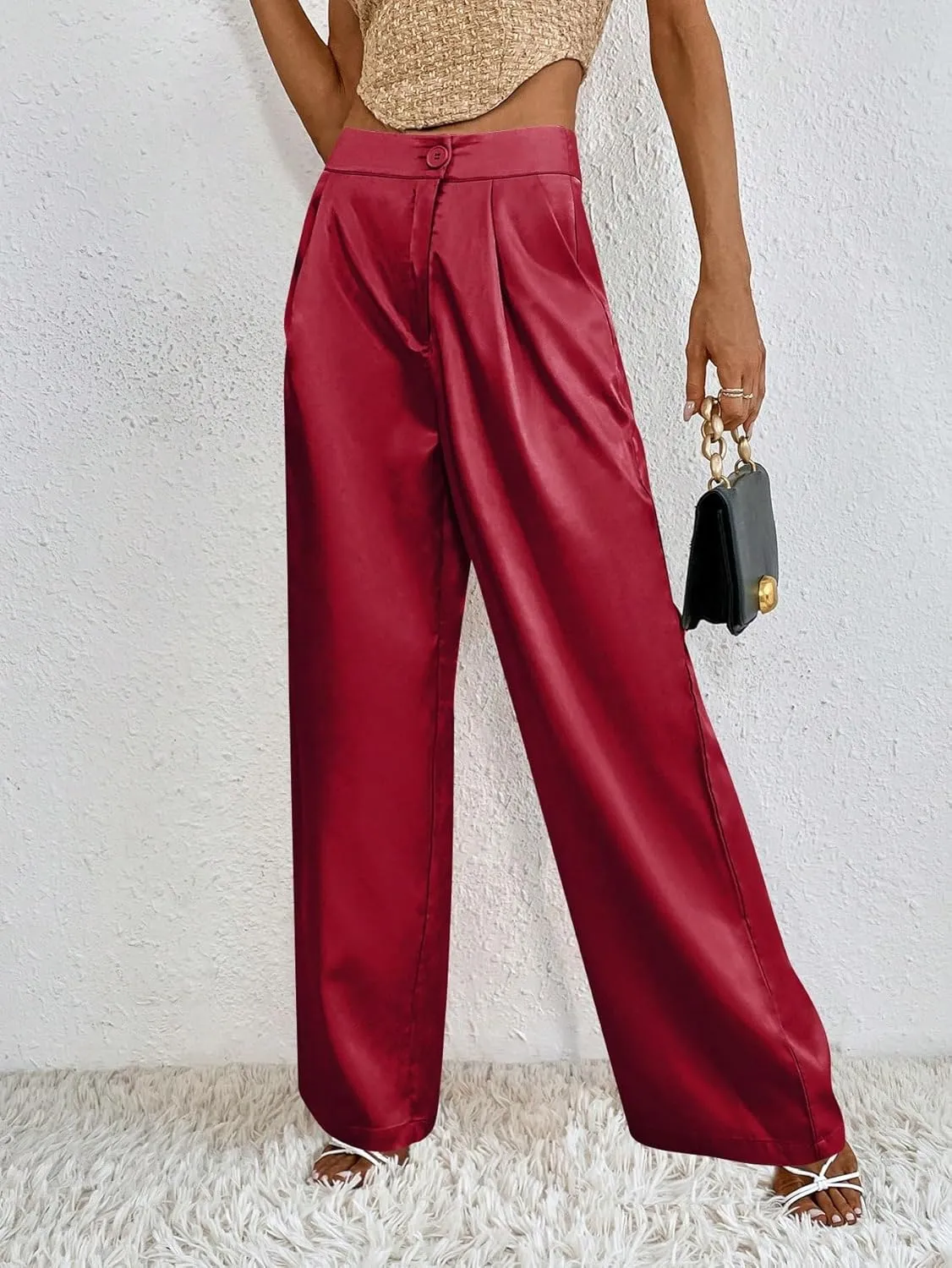 WDIRARA Women's Satin Pants Wide Leg High Waisted Loose Elegant Office Simple Pants