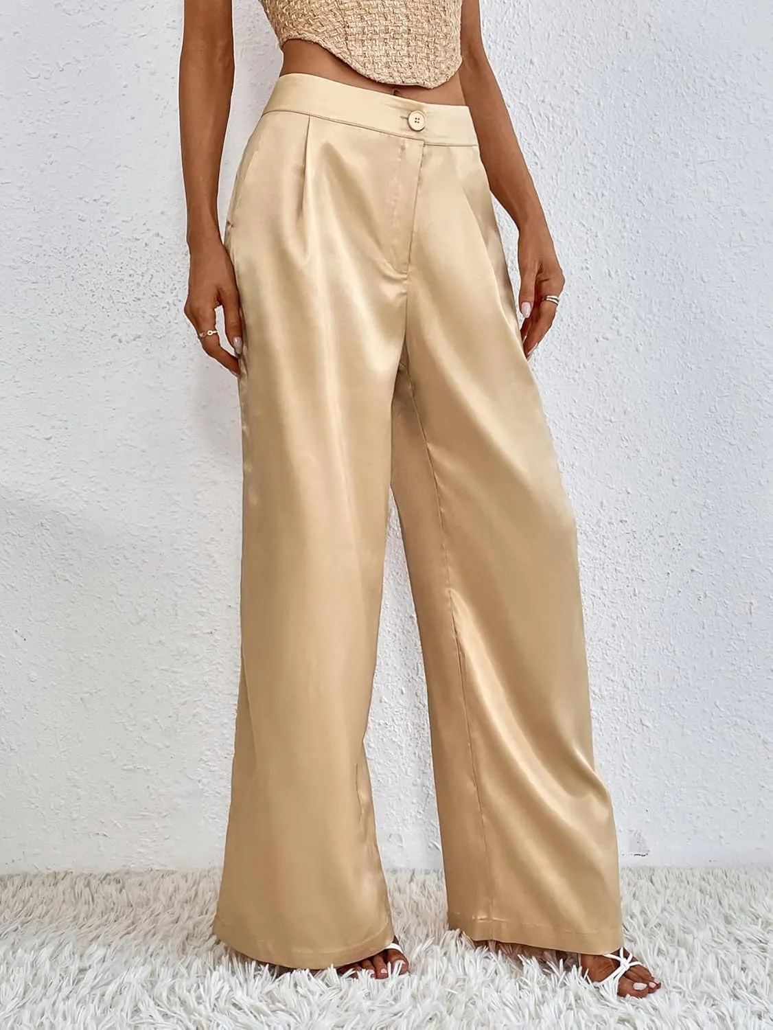 WDIRARA Women's Satin Pants Wide Leg High Waisted Loose Elegant Office Simple Pants