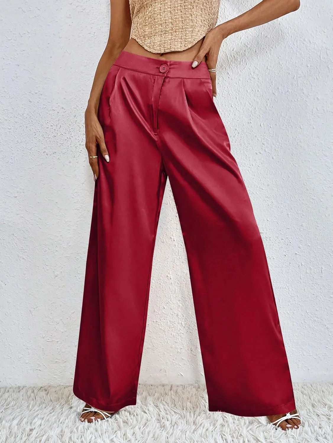 WDIRARA Women's Satin Pants Wide Leg High Waisted Loose Elegant Office Simple Pants