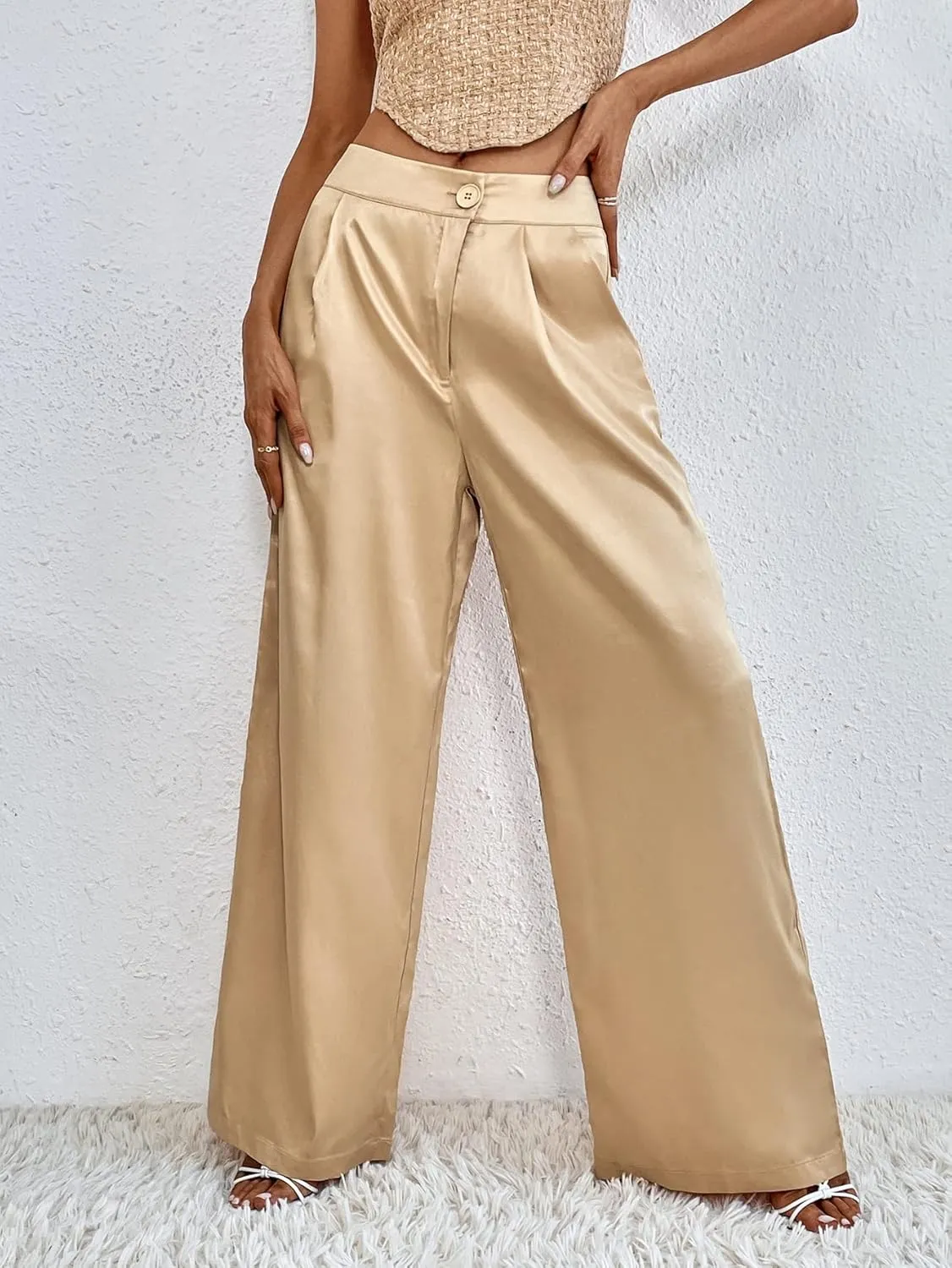 WDIRARA Women's Satin Pants Wide Leg High Waisted Loose Elegant Office Simple Pants