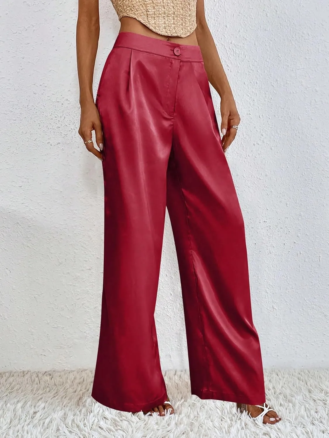 WDIRARA Women's Satin Pants Wide Leg High Waisted Loose Elegant Office Simple Pants
