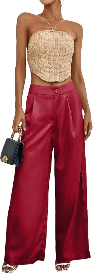 WDIRARA Women's Satin Pants Wide Leg High Waisted Loose Elegant Office Simple Pants