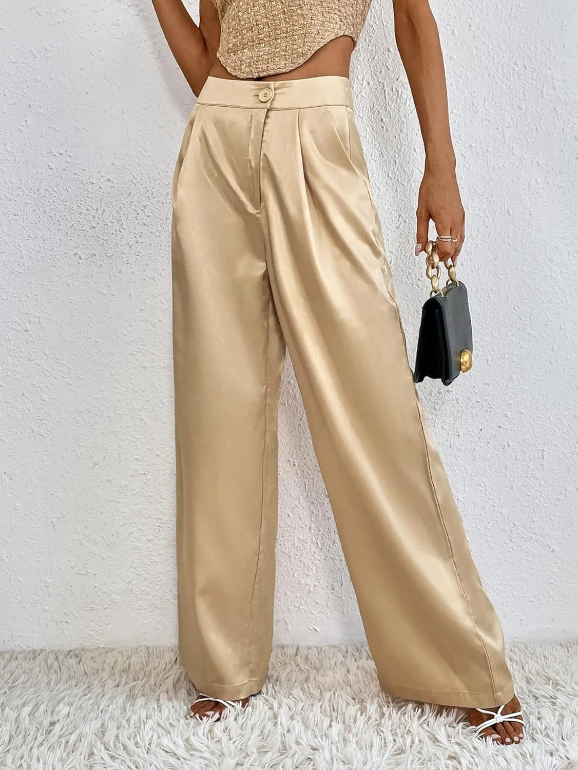 WDIRARA Women's Satin Pants Wide Leg High Waisted Loose Elegant Office Simple Pants