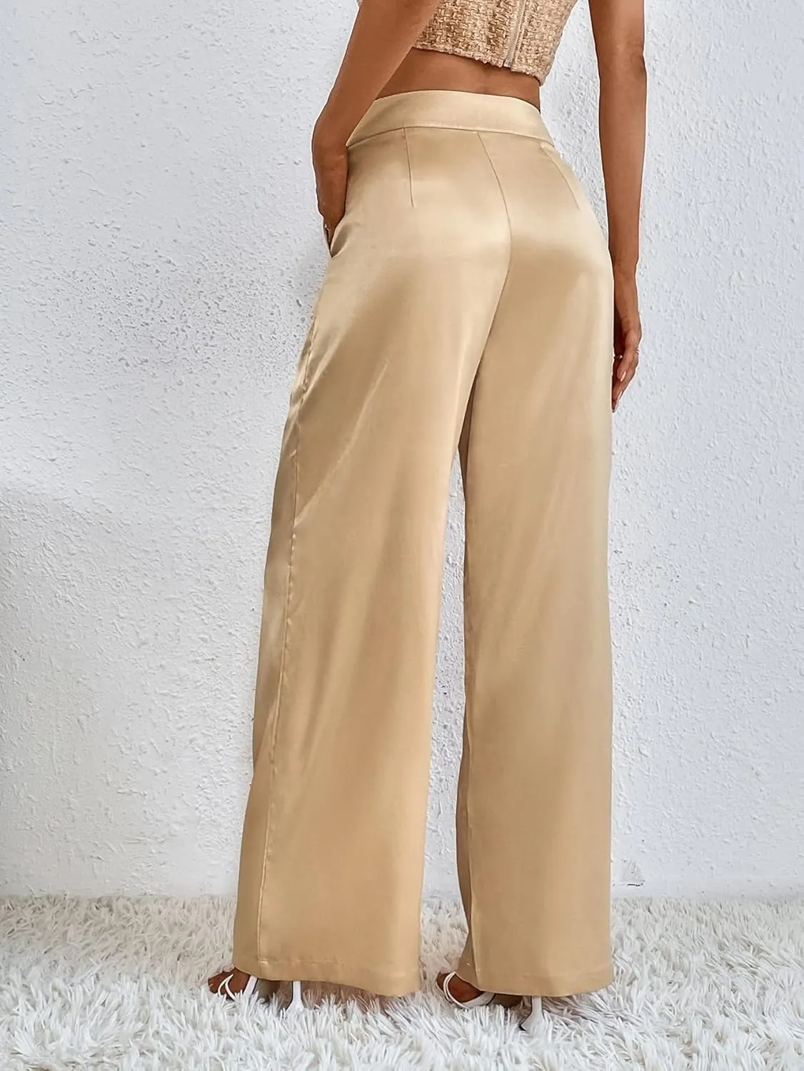 WDIRARA Women's Satin Pants Wide Leg High Waisted Loose Elegant Office Simple Pants