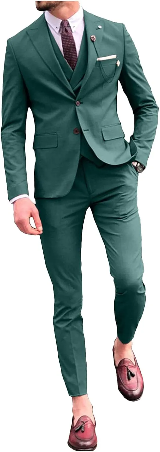 Wemaliyzd Men's 3 Piece Classic Fit Suit Set, Peak Lapel Tuxedo Blazer Coat Vest Pants Evening Party
