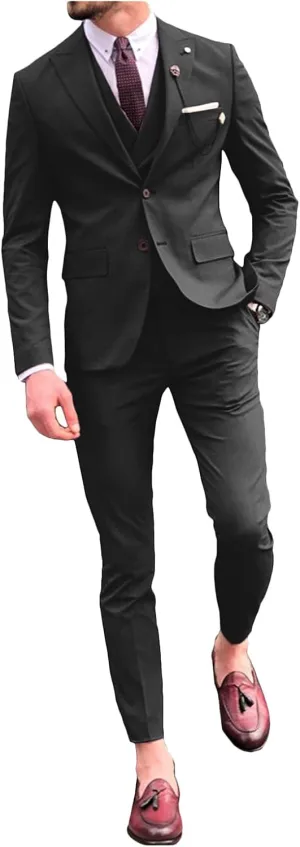 Wemaliyzd Men's 3 Piece Classic Fit Suit Set, Peak Lapel Tuxedo Blazer Coat Vest Pants Evening Party