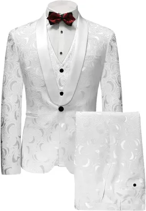Wemaliyzd Men's 3 Pieces Jacquard Wedding Suit Classic Fit Blazer Vest Pants