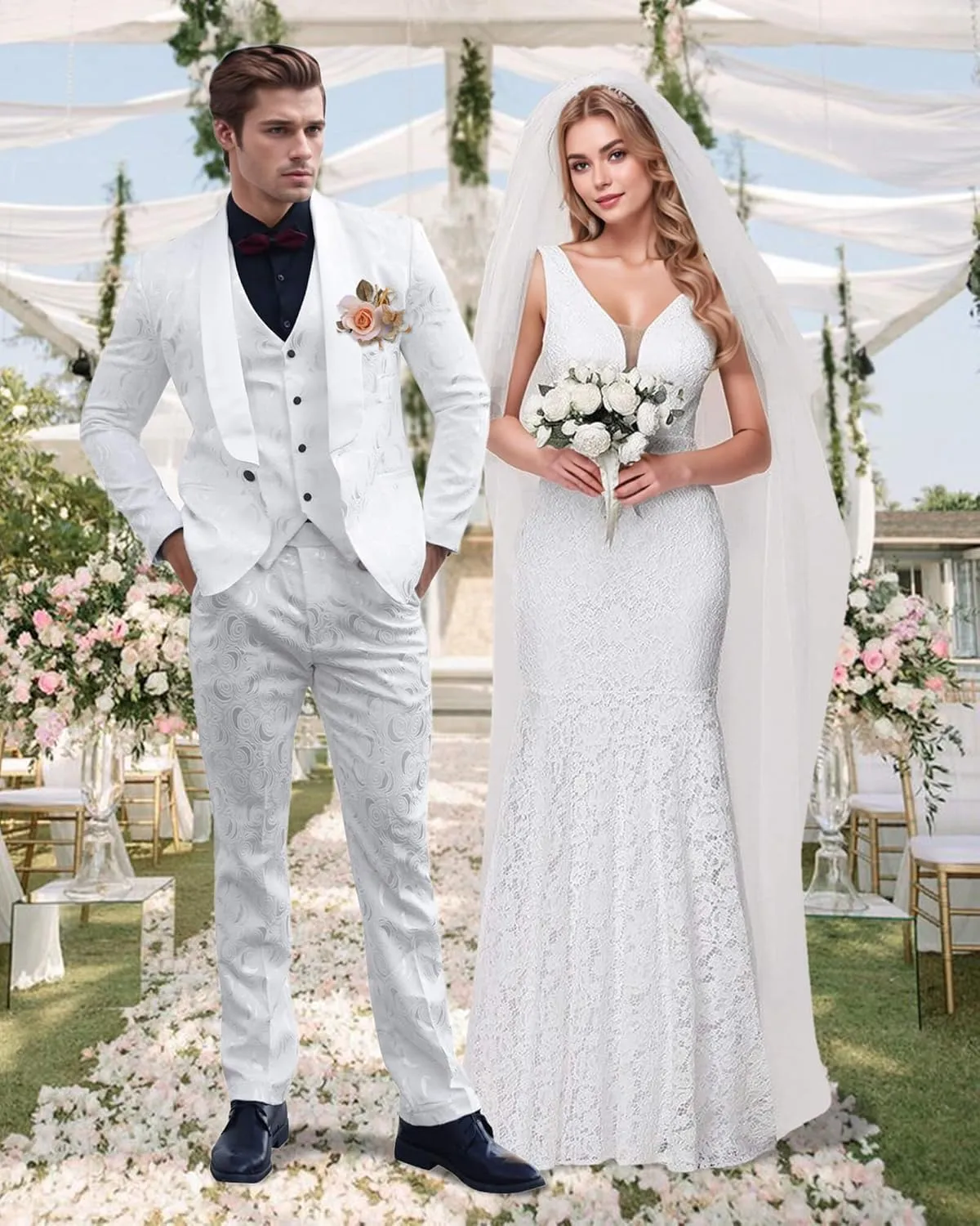 Wemaliyzd Men's 3 Pieces Jacquard Wedding Suit Classic Fit Blazer Vest Pants