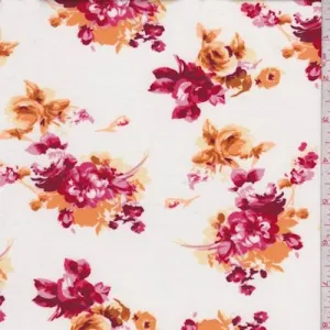 White/Orange/Ruby Floral Bouquet Double Brushed Jersey Knit Fabric