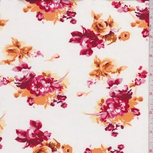 White/Orange/Ruby Floral Bouquet Double Brushed Jersey Knit Fabric