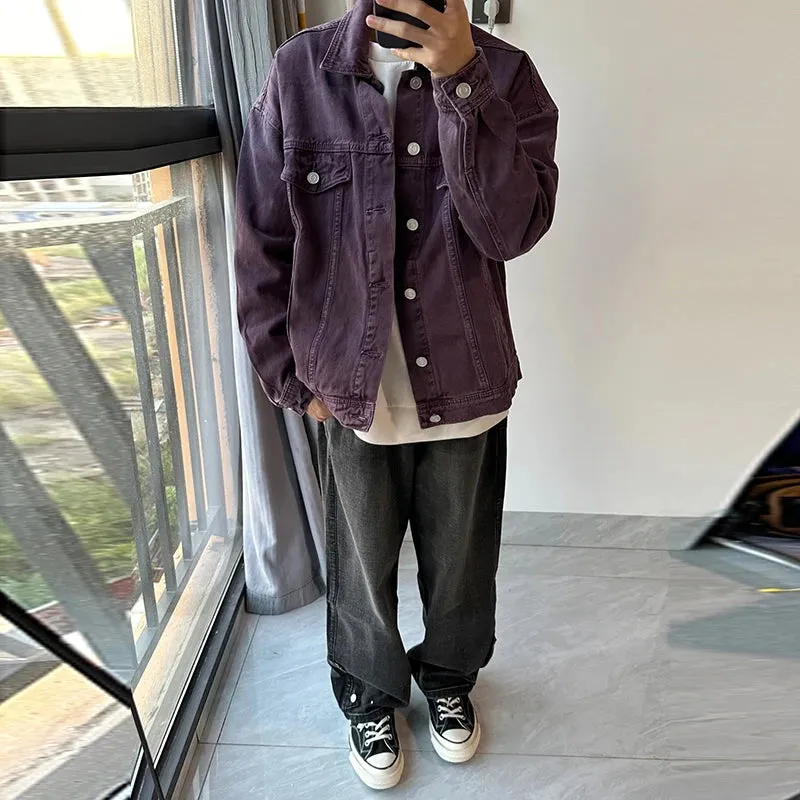 Wiaofellas   -  Men's Vintage Washed Purple Denim Jacket Streetwear Fashion Cargos Fake Pockets Button-down Shirt Coats Retro Popular M-3XL