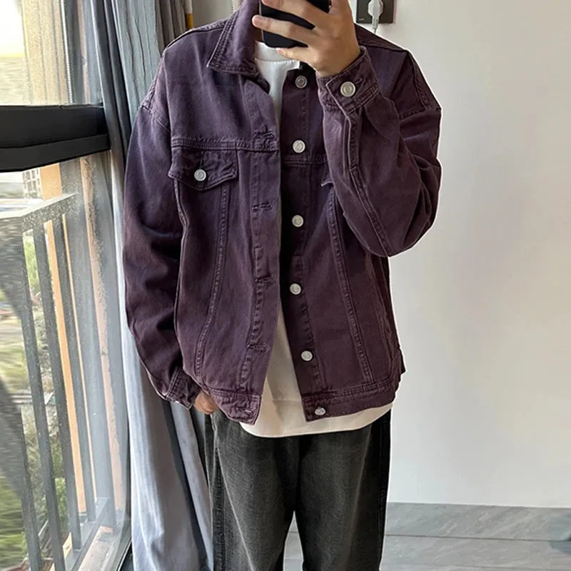 Wiaofellas   -  Men's Vintage Washed Purple Denim Jacket Streetwear Fashion Cargos Fake Pockets Button-down Shirt Coats Retro Popular M-3XL